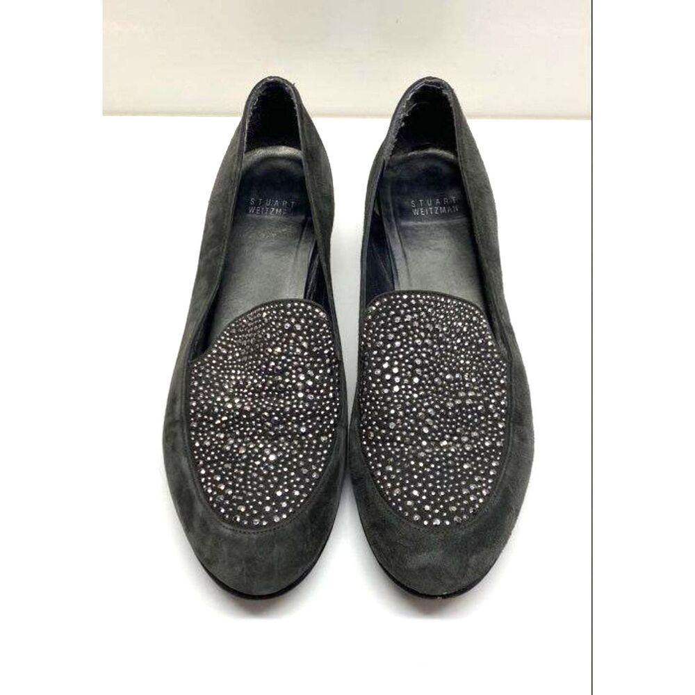 STUART WEITZMAN Gray Suede Rhinestone Embellished Heeled Loafers WM Size 9